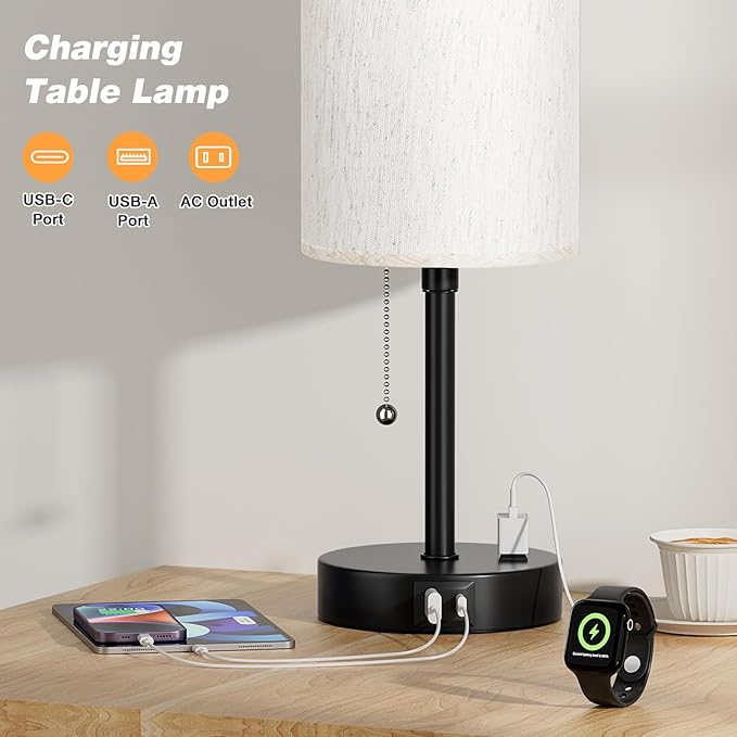 Pull Chain Table Lamp for Bedroom - 3 Color Temperatures, USB A + C Charging, AC Outlet, 17.4 inch Tall Bedside Lamp with E26 LED Bulb