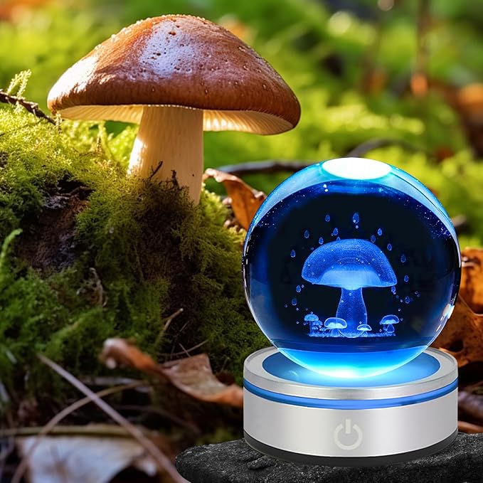 3D Crystal Ball Night Light with LED Colorful Touch Lighting Base - 3.15 In Mushroom Figurine Glass Sphere Lamp for Birthday, Christmas, Cute Home Decor Gifts for Kids, Teens, Women