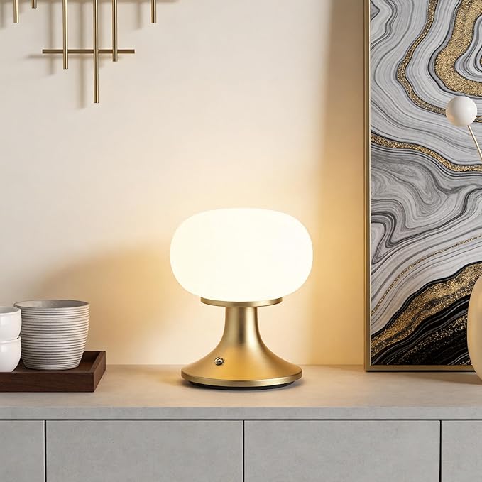 Cordless Table Lamp, LED Mushroom Lamp with Glass Shade & Stepless Dimming, Touch Control Nightstand Lamp for Bedroom,Living Room,Dining Table