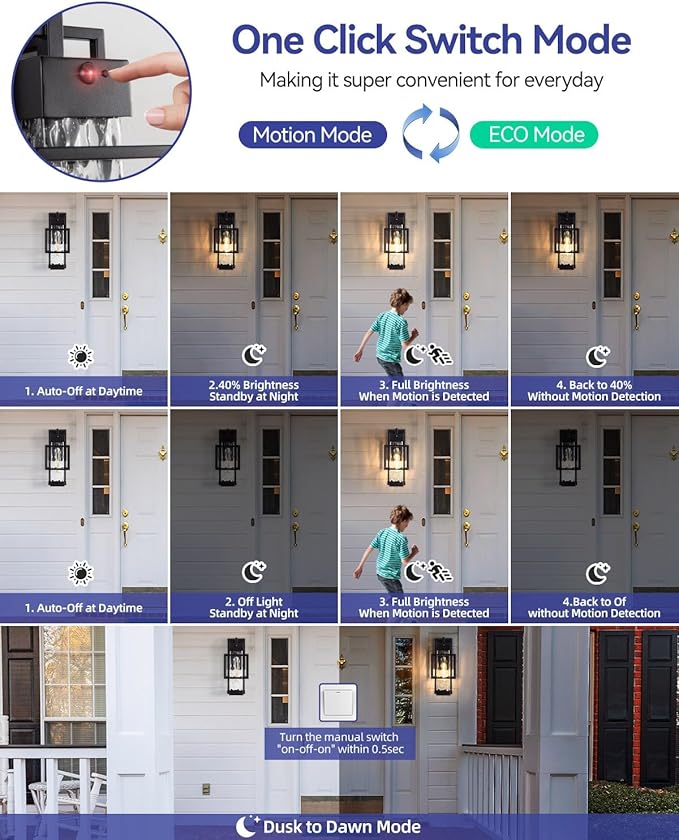 Outdoor Motion Sensor Lights 2 Pack, Dusk to Dawn Outdoor Lighting Exterior Lighting Fixtures with Water Glass, Waterproof Sconce Wall Mount for House Porch Patio Garage, Bulb Included
