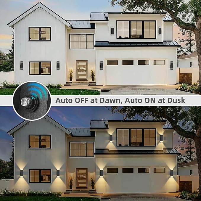 RAYVO Dusk to Dawn Outdoor Wall Light, Modern Up and Down Outdoor Light Fixture with Sensor, Waterproof Aluminum Wall Sconce for Porch Garage Patio, LED Bulbs Included, Black Finish
