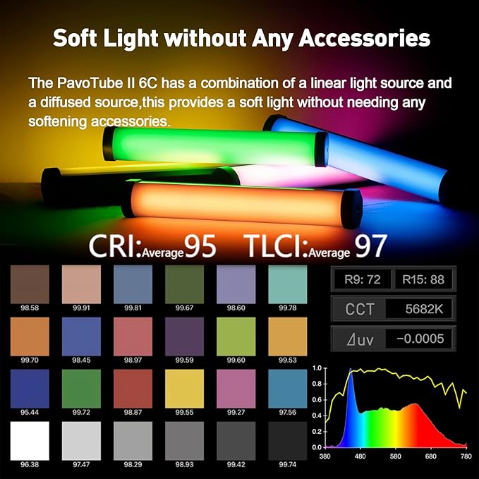 NANLITE PavoTube II 6C LED RGB Tube, 2700K-7500K Ultra-Wide Color Temperature, 2.4GHz Wireless Control Portable Handheld Photography Lighting Stick 2pcs, Dual-lamp Connector Included
