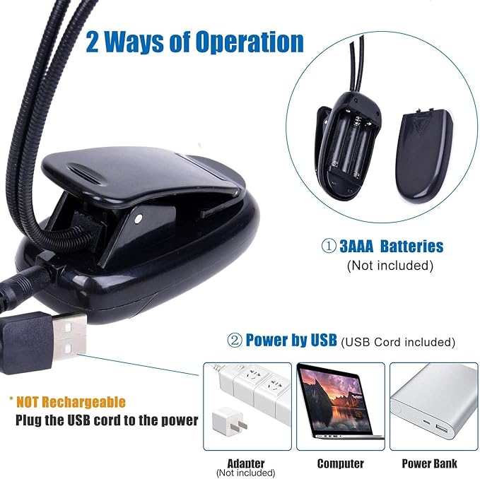 TEECOO 4 Pack Music Stand Lights, Eye Caring Clip-on Piano Light, USB & AAA Battery Operated, LED Book Reading Lamps, 4 Brightness, Ideal for Musician, Piano, Orchestra, Guitar, Travel (Dual Arm)