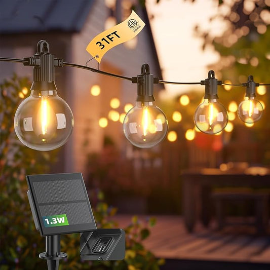 Kawaya Outdoor String Lights, LED Patio Light, Shatterproof Edison Globe Bulbs - IP65 Waterproof Dimmable Hanging Lights (Solar 31FT(15 Bulbs))
