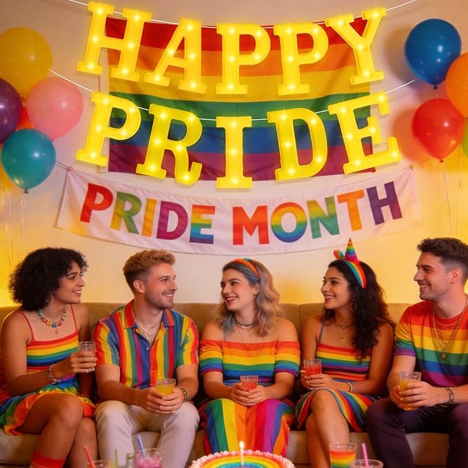 10 Pcs Happy Pride Decorations Pride LED Letter Sign Battery Powered Rainbow Party Deco Transgender Pansexual Bisexual LGBT Gay Table Decorations for Party Supplies