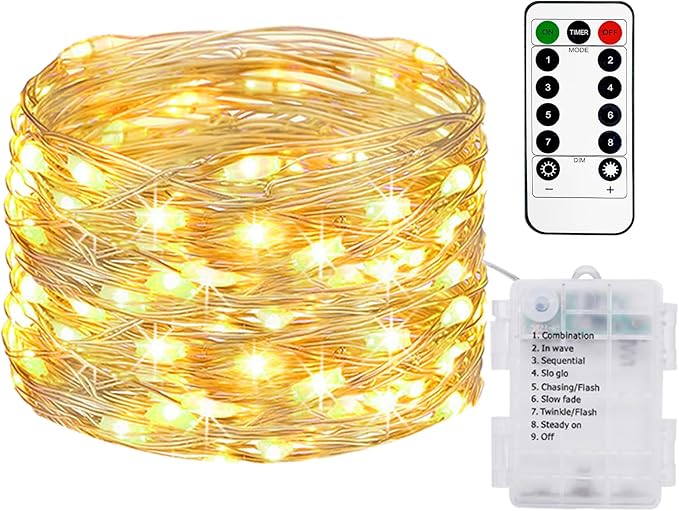 33FT 100 LED Battery Operated String Lights with Remote, IP65 Waterproof LED Fairy Lights Outdoor Indoor, 8 Modes Copper Wire Twinkle Lights for Bedroom Christmas Party Wedding Dorm Garden Decor