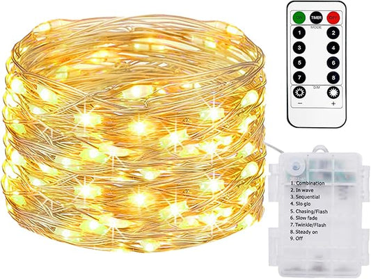 33FT 100 LED Battery Operated String Lights with Remote, IP65 Waterproof LED Fairy Lights Outdoor Indoor, 8 Modes Copper Wire Twinkle Lights for Bedroom Christmas Party Wedding Dorm Garden Decor