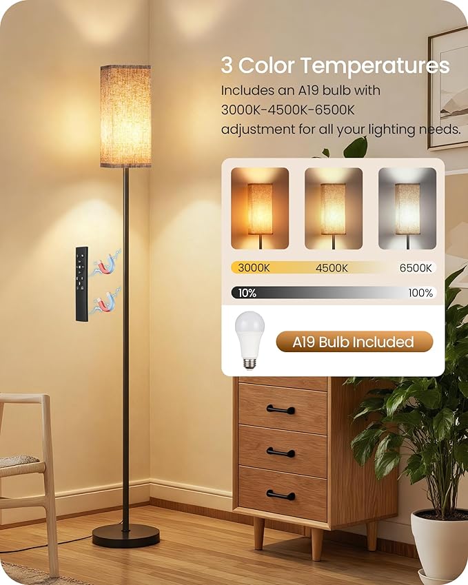 64.2” Dimmable Floor Lamp for Living Room with Remote and Foot Switch, Corner Floor Lamp for Bedroom, Includes 10W A19 Bulb, Modern Standing Tall Lamp, ETL Listed Beige and Black E17LD05
