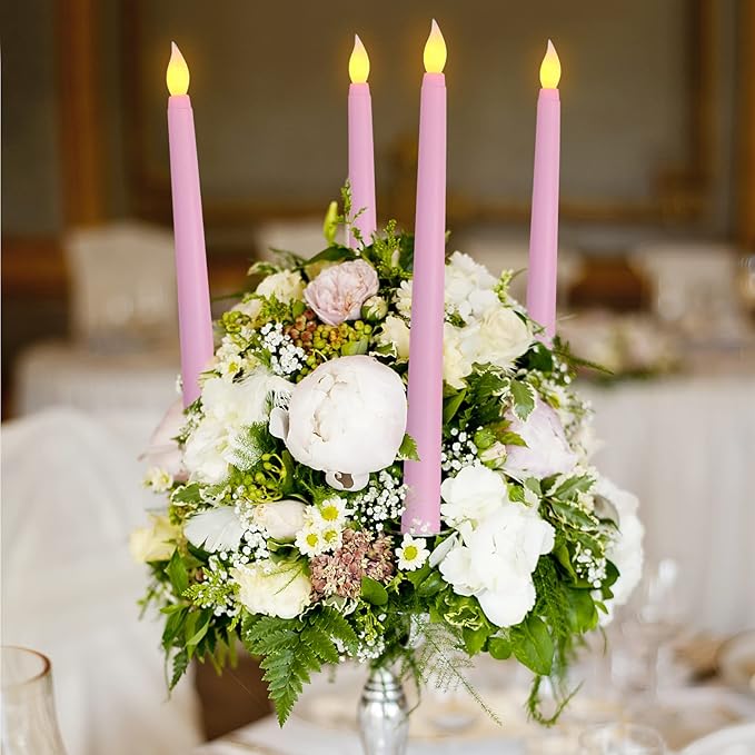 Pink Flameless Taper Candles with Remote, Battery Powered Christmas LED Candlesticks Set of 12
