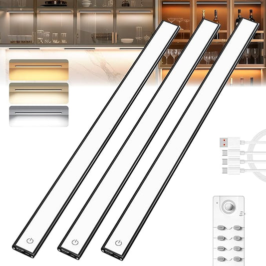 Under Cabinet Lighting,204 LED Wireless Motion Sensor Light Indoor, Rechargeable Closet Lights Battery Operated,Dimmable & 3 Color Temps,Magnetic Under Counter Lights for Kitchen, Closet (60CM,3Pack)