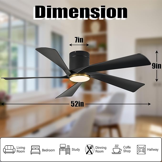 Ceiling Fan with Light and Remote/APP, 52” Flush Mount Ceiling Fans, 6 Speeds Mute Reversible Motor, 3CCT, Dimmable,Black Low Profile Modern Ceiling Fans for Indoor and Outdoor, Bedroom, Patios