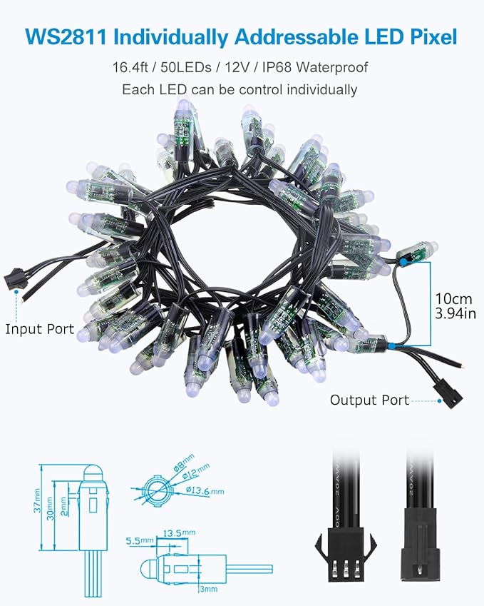 ALITOVE 50pcs DC 12V WS2811 LED Pixel 12mm Round Diffused RGB Addressable Dream Color Round LED Bullet Pixels Module IP68 Waterproof for Billboard House Halloween Christmas Decor
