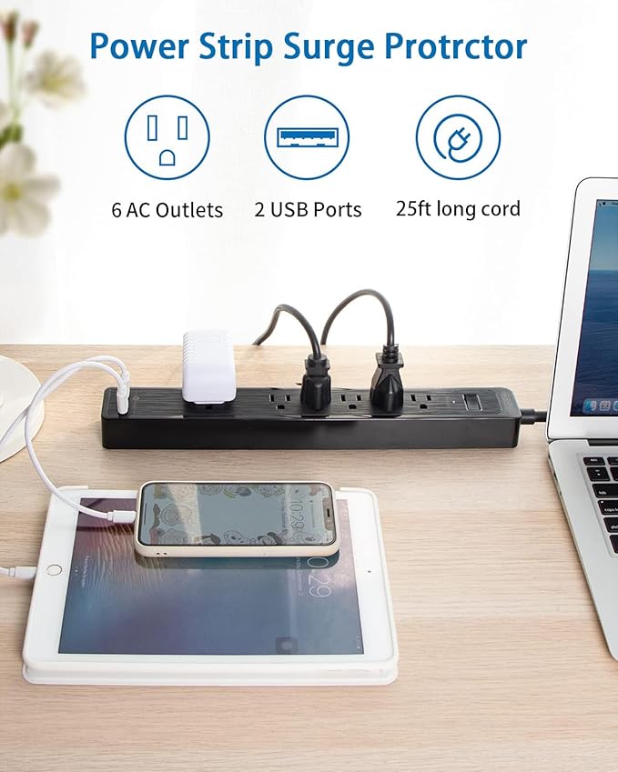 NTONPOWER 25 Ft Extension Cord, Surge Protector Power Strip with 6 Outlets, 2 USB, Overload Protection, 1080J, 1850W/15A, Wall Mount for Home Office and Workbench, Black