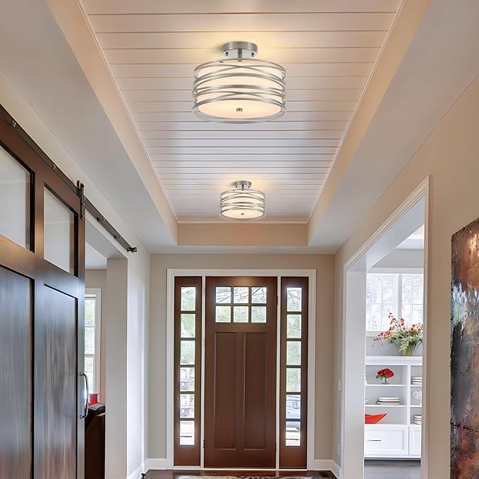 Drum Semi Flush Mount Ceiling Light Fixture Vintage 12.2" Modern Farmhouse 2-Lights Linen Drum Ceiling Lighting Rustic Chrome Ceiling lamp for Dining Room, Bedroom, Laundry Room