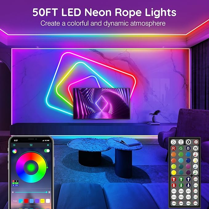 AILBTON 50FT Led Neon Rope Lights Control with App/Remote,Flexible Led Rope Light,Multiple Modes,IP65 Outdoor RGB Lights Waterproof,Music Sync Gaming Led Neon Strip Light for Bedroom Decor