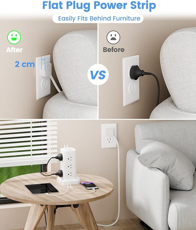 Power Strip Tower with Surge Protector 1800J, Fast Charging PD20W USB-C Ports with 12 AC Outlet Extenders, 10ft Extension Cord for Home Office Dorm Room Essentials, White