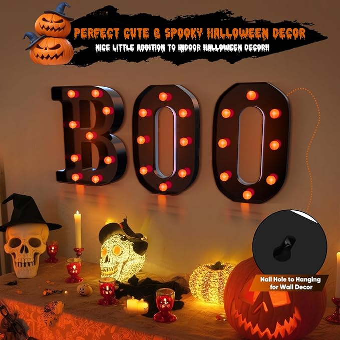Halloween Decor,3 LED Light Up Marquee Letters Boo Sign,Cute Fall Halloween Decorations for Party,Tabletop,Mantel,Kitchen,Bathroom,Bedroom,Desk,Window,Porch,Office,Wall,Fireplace,Home,Indoor,Outdoor