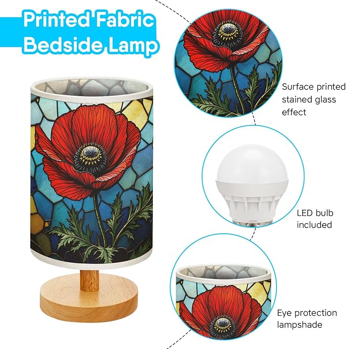 Poppy Table Lamp LED 3-Color Pressed Bedside, Poppy Shade Lamp with Wood Base for Bedroom Living Room Desk Office TL01
