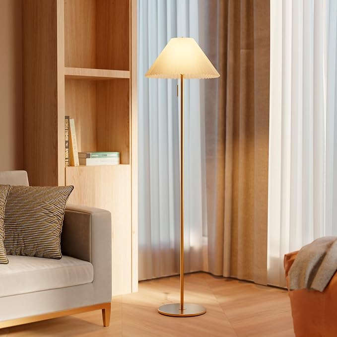 Globe Electric 61000176 62" Floor Lamp, Brass Finish, Metal, Pleated Fabric Shade, Flat Base, Pull Chain Switch on Socket, Reading Light, Office Accessories, House Decor