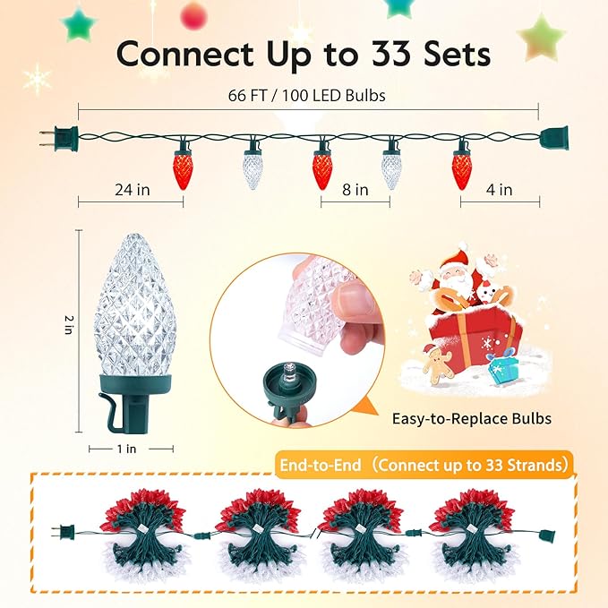 Brightown C9 LED Christmas String Lights, 2 Pack Total 132ft 200LED Outdoor Lights String, Plug-in Connectable Waterproof Roofline Lights String for Outside Yard Christmas Holiday Decor, Red and White