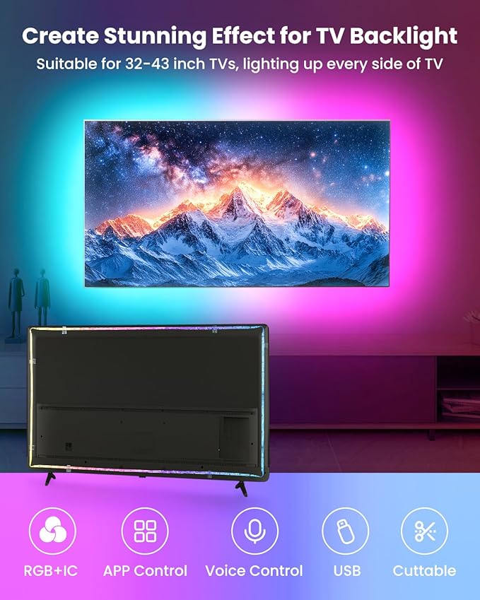 26.25ft RGB+IC LED Strip Lights for 75-100 Inch TV, Backlight Behind TV with Music Sync, Bluetooth APP & Voice Control, 44 Scene Modes, Ambient Lighting for Gaming, Bedroom, Living Room, Mood Lighting