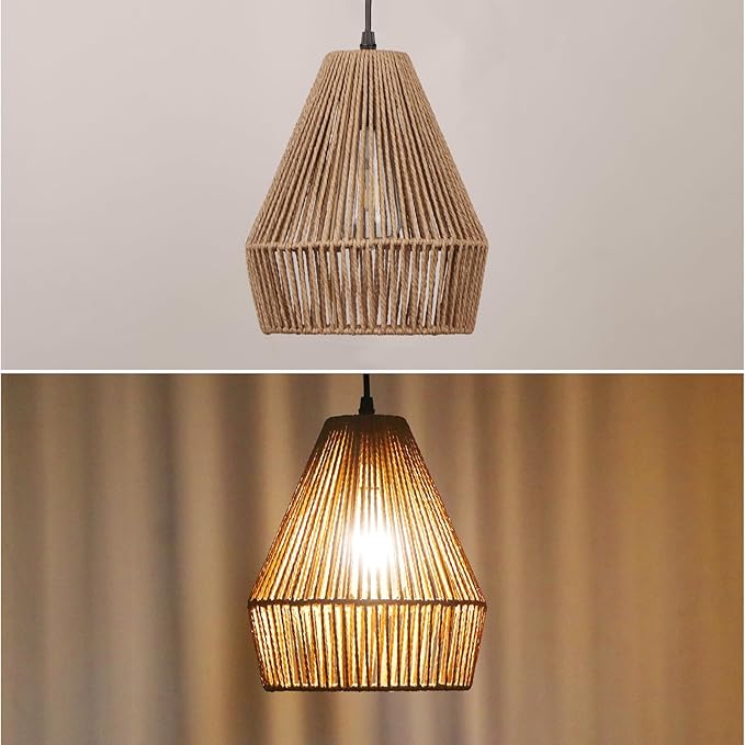 3 Packs Rattan Pendant Light, 9” Boho Black Hanging Light Fixture Kitchen Island, Natural Hand-Woven Pendant Light, Adjustable Farmhouse Chandelier For Sink Island Bar Foyer Bedroom Dining Room