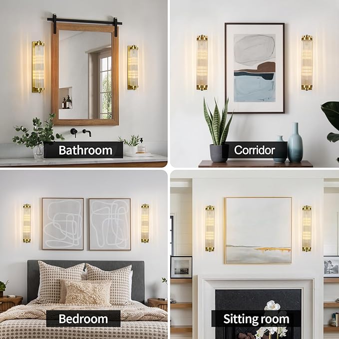 Gold Wall Sconces Set of Two with Crystal Glass Strip Bathroom Sconces 2 Light E12 Base Modern Wall Lights for Bedroom Living Room Hallway Wall Light Fixtures