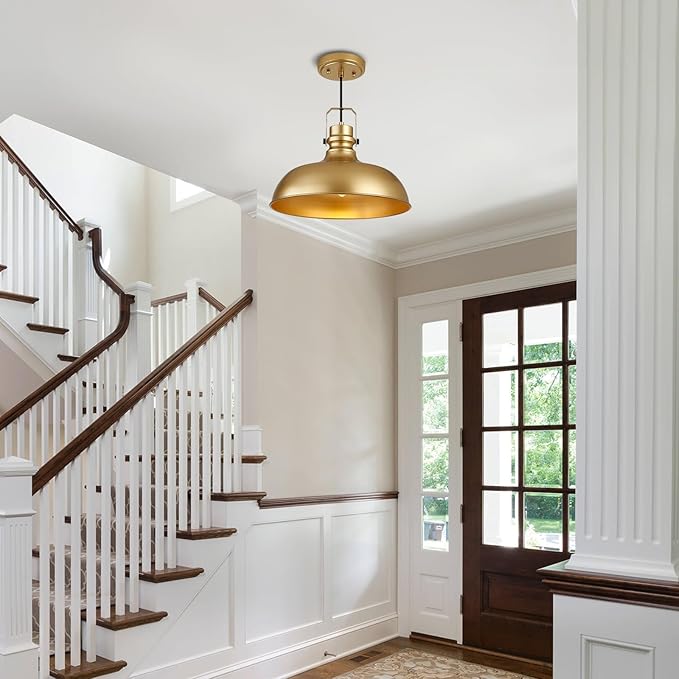 Gold Farmhouse Pendant Lights 16 Inch Matte Pendant Lighting for Kitchen Island Industrial Adjustable Height Vintage Dome Hanging Light Fixtures for Barn, Dining Room 1 Pack