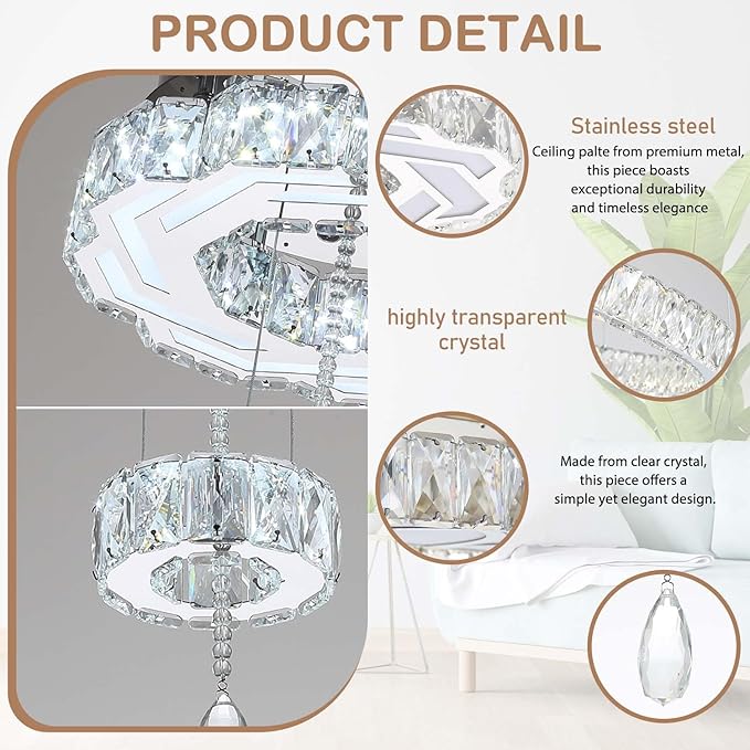 Flashing God 12" Modern Crystal Chandeliers Silver Flush Mount Ceiling Chandelier Mini Chandelier for Hallway LED Dimmable Crystal Pendant Light for Dining Room Living Room Bedroom