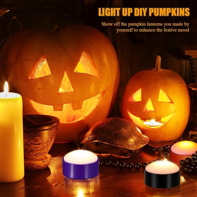 Riakrum 6 Pieces Remote Timer LED Lights with Remote LED Pumpkin Lights Battery Operated Lantern Bright Flameless Candle(Orange Purple, Black)