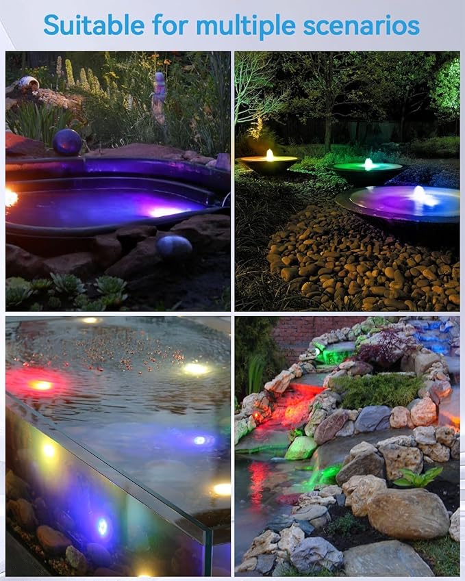 HIBOITEC LED Pond Lights, RGB Underwater Fountain Light with 12V Timer Transformer, Photocell Light Sensor, IP68 Waterproof Outdoor Underwater Lights for Outdoor Ponds Garden, 6 Pack