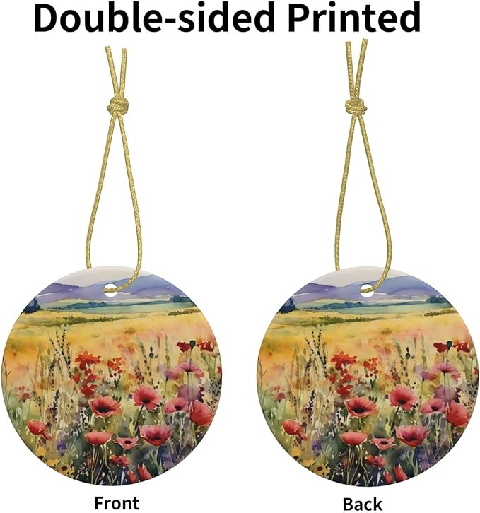 Watercolor Poppy Flowers Field Christmas Ornaments, Christmas Decorations Xmas Tree Hanging Ornaments, Round Ceramic Festive Keepsake Gift for Christmas Decorations Holiday Home Party Decors