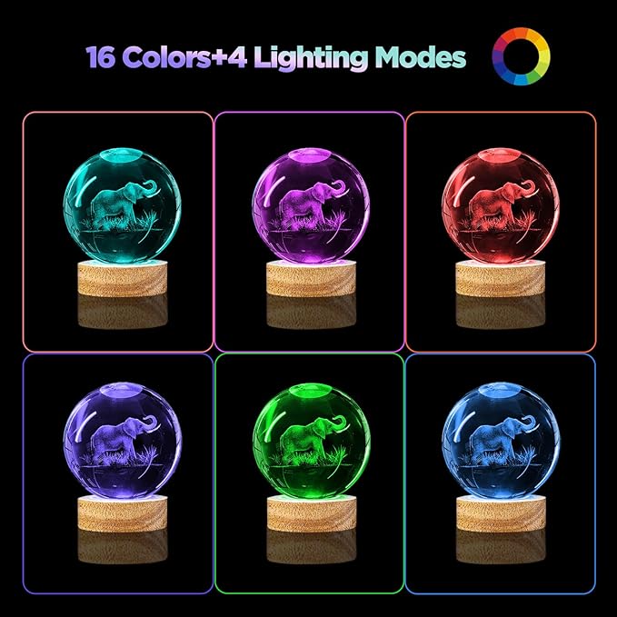 3D Elephant Crystal Ball Night Light With 16 Color Wooden Base, Upgraded 3.15 Inch Glass Ball Lamp With Remote for Birthday Holiday Xmas, Cool Toy Decor Gifts for Boys Girls Kids