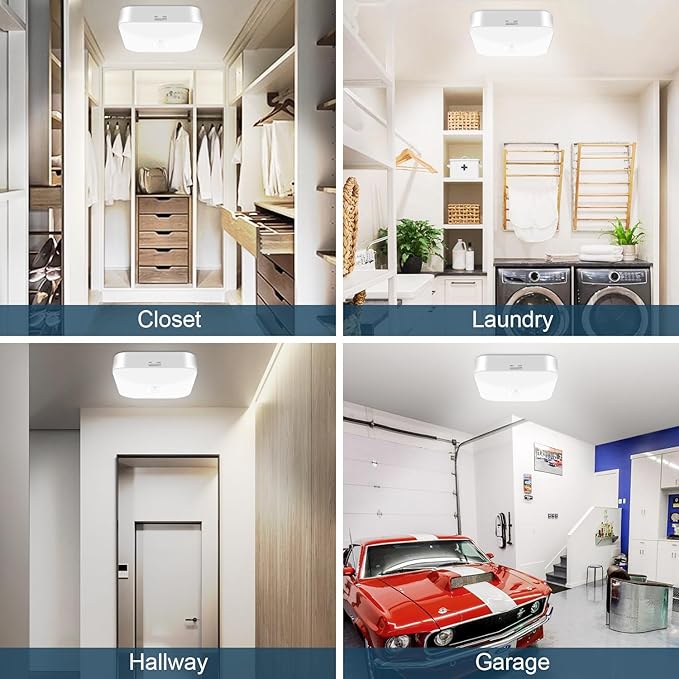 Rechargeable Motion Sensor Closet Light, Rechargeable Battery Operated Ceiling Light Wireless, 500LM Wireless Motion Activated Light for Shower Stairs Hallway Pantry Porch Garage, 5000K