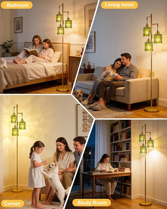 Lightdot 67" 3-Light Glass Floor Lamps for Living Room, Dimmable Floor Lamp with Green Glass Shade& E12 Bulbs Included, Mid Century Standing Tall Lamp for Bedroom/Sofa Beside/Corner Decor-Gold