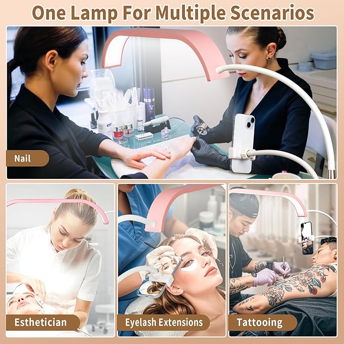 HITTI Estheticians Light, Flexible Gooseneck Lash Light for Eyelash Tech, LED Half Moon Light with Phone Holder, Stepless Dimming and 7 Color Modes Floor Lash Lamp for Tattoo Artists Nail Craft- Pink