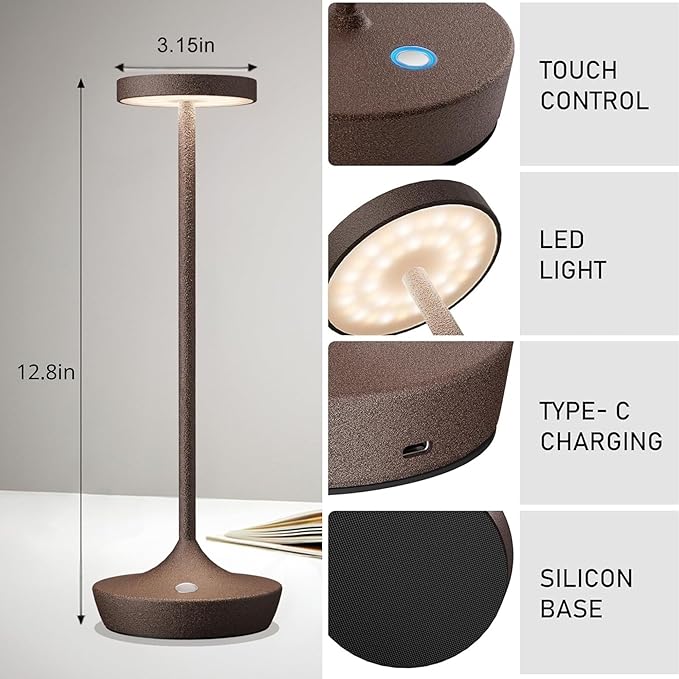 Rechargeable Cordless Table Lamp, LED Portable Powered LED Battery Light 6000mAh USB Desk Lamp Outdoor Waterproof Table Lamps for Patio Restaurant Dining (2 Rust)