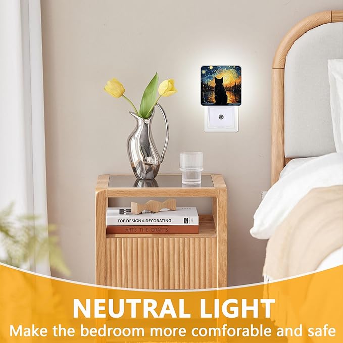 Lonely Cat Night Light, Plug-into Starry Night Nightlight White LED Lamp, Energy Efficient Decor Desk Lamp for Bedroom Hallway Stairs Bathroom