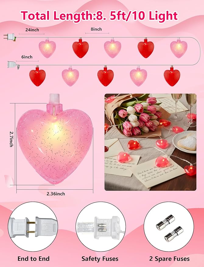 LED Heart String Lights, 8.5Ft Valentine's Day Heart String Lights with 10 Red /Pink Hearts, Romantic Love Heart Lights for Valentine's Day, Mother's Day, Party Decor, Wedding, Holiday Decorations