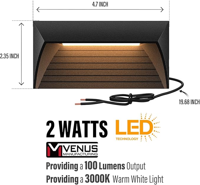 VENUS MANUFACTURING 2W Low Voltage Deck Lights LED Outdoor Stair Lights 3000K 12V Wired Step Lighting Die-cast Aluminum for Fence Yard Patio and Pathway (6Pack)