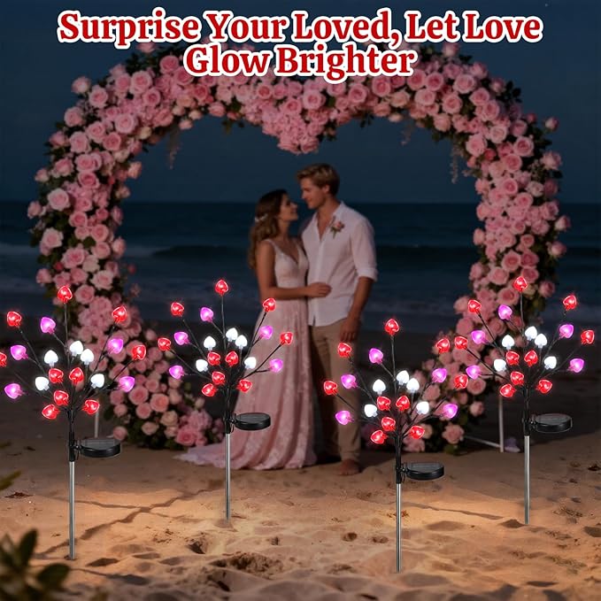 Lewondr Valentine's Day Solar Outdoor Lights, 4 Pcs Valentines Day Decorations, 20 LED Red Pink White Heart Solar Lights with 2 Modes, Waterproof Valentines Decor for Outdoor Garden Lawn Yard Pathway