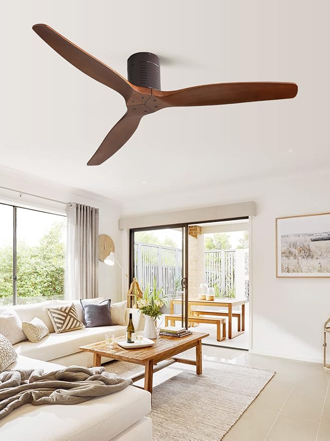 Sofucor 52'' Ceiling Fan no Light, Low Profile Flush Mount Ceiling Fan with Remote Control, Quiet Energy Saving with 6 Speeds, Timer, Brown