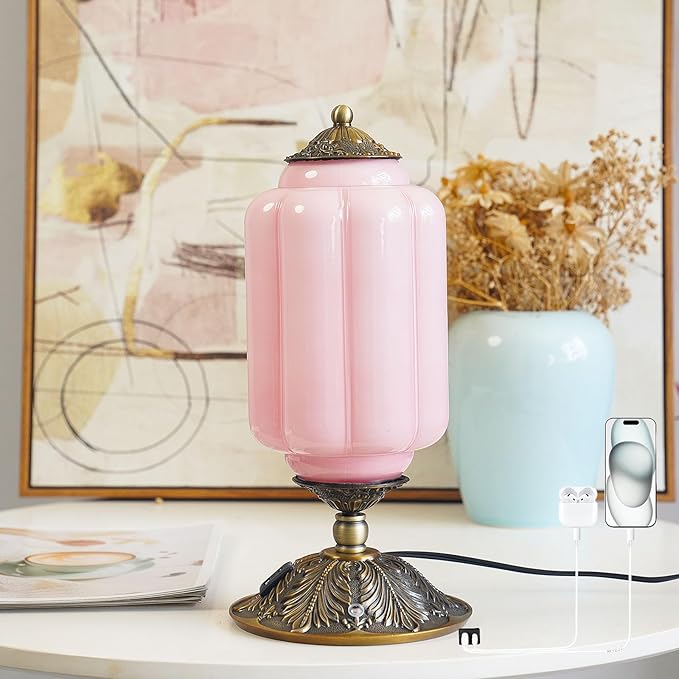 Vintage Pink Glass Touch Table Lamp, Elegant Milk Glass Bedside Desk Lamp 3 Way Dimmable with USB C+A Charging Ports - Bedroom Nightstand & Living Room Essential, 4W Bulb Included (Pink, 6.5)