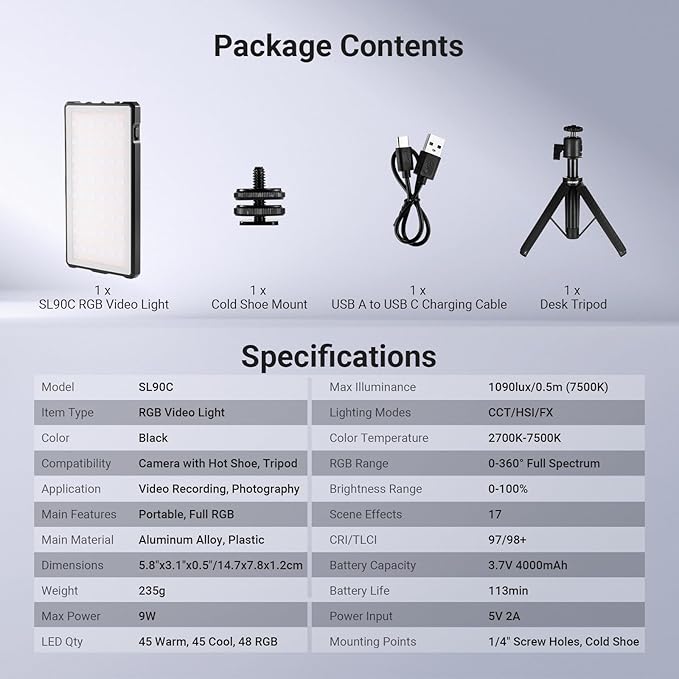 NEEWER Basics Full RGB Camera Video Light with Desk Tripod Stand, 8W CRI97 2700K-7500K 17 Scenes 4000mAh Portable Metal Small LED Panel Lighting for DSLR Streaming Photography Video Recording, SL90C