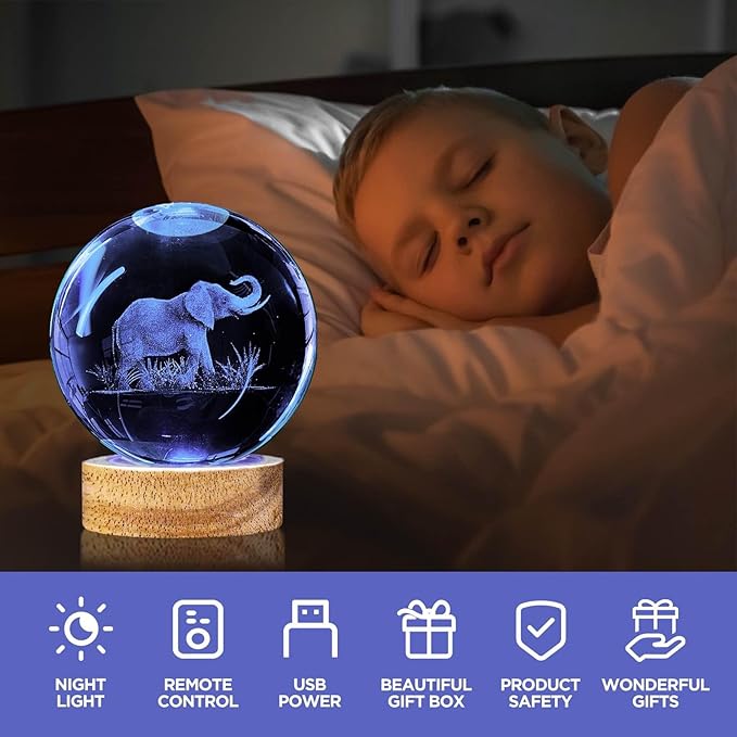 3D Elephant Crystal Ball Night Light with Woodern Base, 3.15" Elephant Figurines Glass Lamp with 16 Colors Cool Desk Decor Elephant Gifts for Women Kids Friends Adults