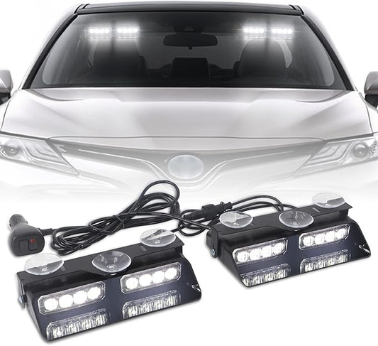XRIDONSEN White 2 in 1 Dash Emergency Strobe Lights Front/Rear Windshield Lights Warning Safety Flashing w/Suction Cups for Volunteer Vehicles, Trucks（White