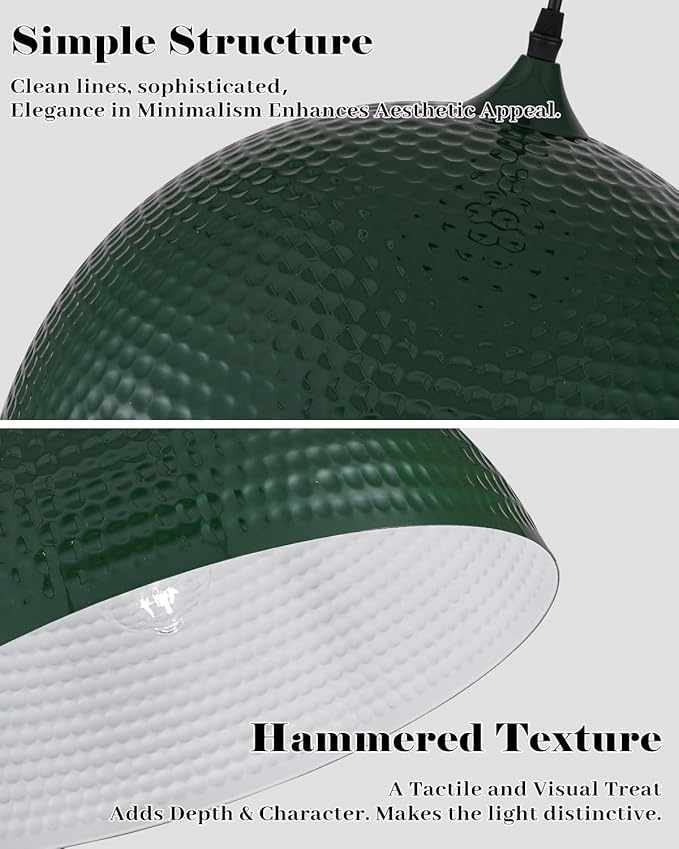 16 inch Green Pendant Light 2 Pack, Hammered Large Industrial Pendant Lights Kitchen Island, Green Dome Pendant Light for Kitchen Island, Dining Room, Bar