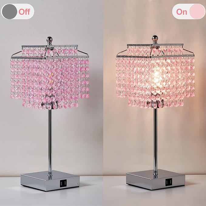 Luvkczc Set of 2 Bedside Pink Crystal Table Lamp, Touch Control Crystal Lamp, Dimmable Lamp for Bedroom, Girl Living Room, 6W B11 Bulb Included