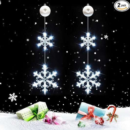 suddus Christmas Window Lights Decorations, 2Pcs Battery Operated Snowflake Lights with Suction Cup, Timer & 2modes Hanging Christmas Light for Tree, Indoor, Holiday, Fireplace, Wall, Cool White