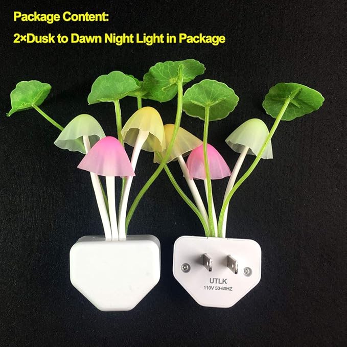 [2 Pack] UTLK Plug in LED Mushroom Night Light Lamp with Dusk to Dawn Sensor, Cut Color Changing Bed Nightlight LED Wall Light